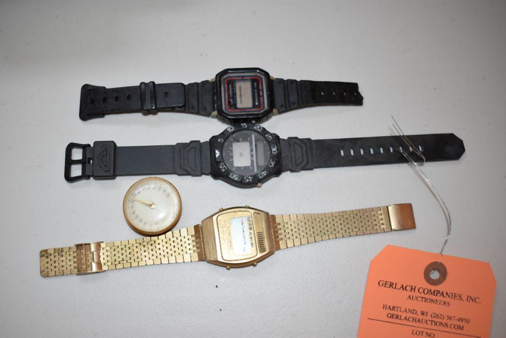 (4) ITEMS: WATCHES, ROUND MINI THERMOMITOR