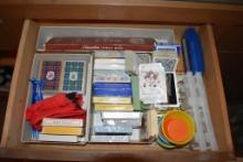 DRAWER W/CONTENTS: PLAYING CARDS, CRIBBAGE BOARD,