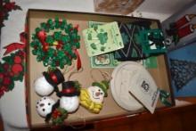 BOX W/MISC. ITEMS: XMAS ORNAMENTS, ST. PATRICKS ITEMS,