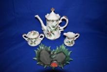 (4) SERVING PIECES: PITCHER, CREAMER, SUGAR, TRAY