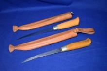 (2) FILET KNIVES, 5-3/4" & 6"L, LEATHER KNIFE SHEATHS