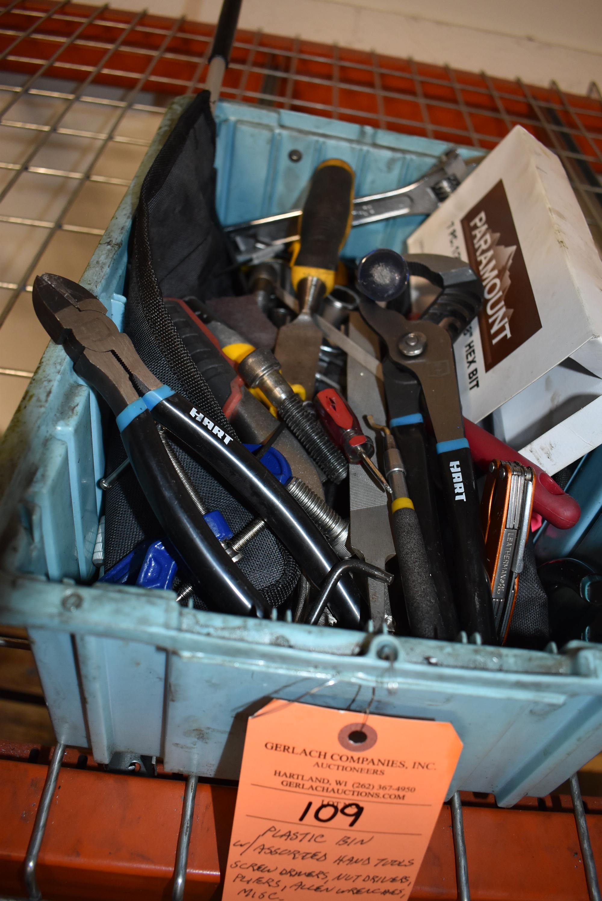 PLASTIC BIN WITH ASSORTED HAND TOOLS; SCREWDRIVERS,