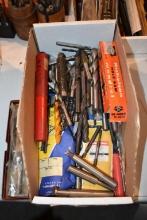 BOX W/MISC. ITEMS: DRILL BITS, HOLE SAW MANDREL, ETC.