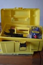 PLASTIC TOOL BOX WITH ASSORTED HAND TOOLS; PRIMARILY HAMMERS