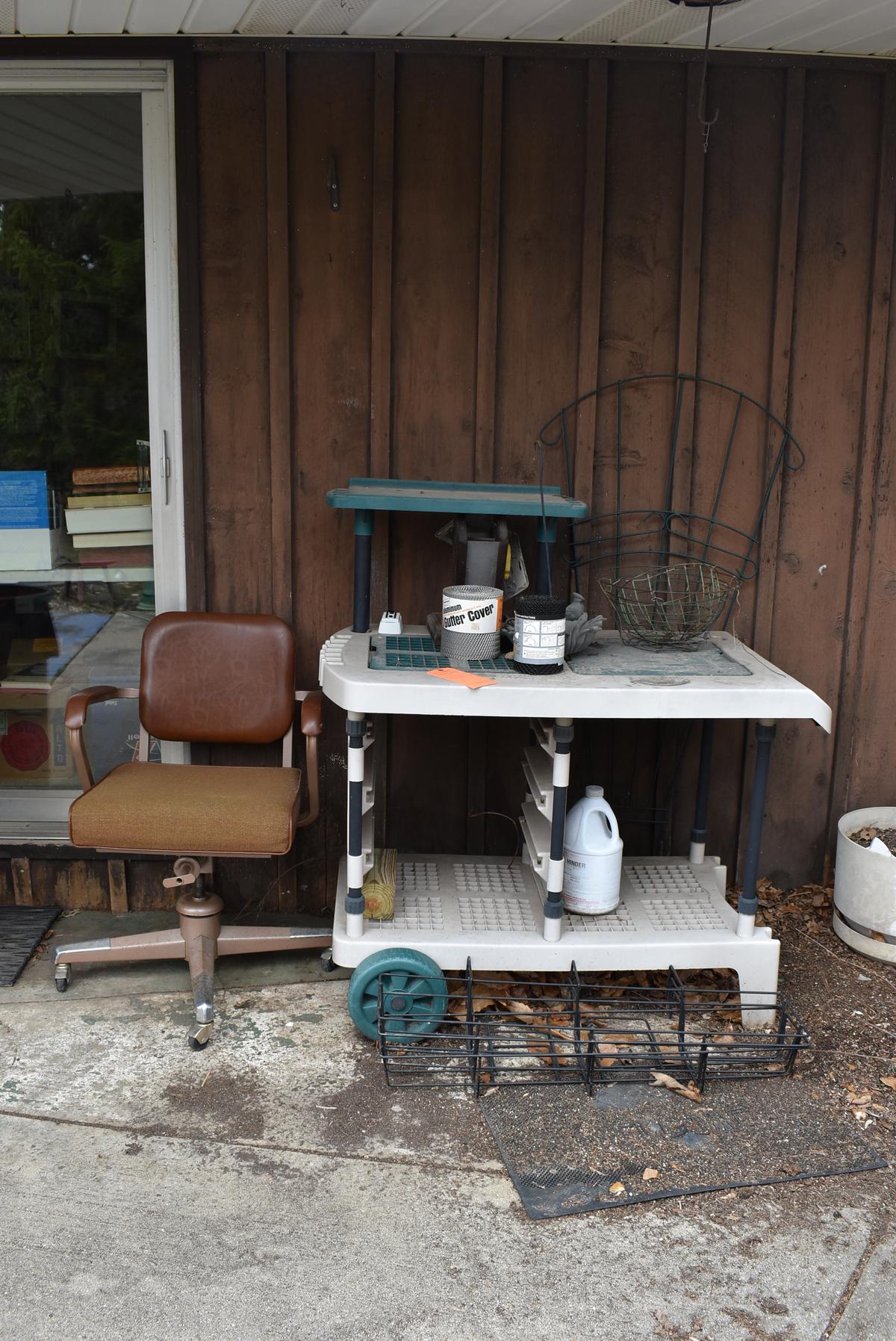 POTTING CART WITH CONTENTS; CARDINAL BIRD FEEDER, WIRE BASKETS, CUTTER COVERS, TRELLIS, ETC.