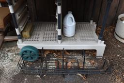 POTTING CART WITH CONTENTS; CARDINAL BIRD FEEDER, WIRE BASKETS, CUTTER COVERS, TRELLIS, ETC.