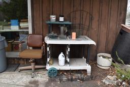 POTTING CART WITH CONTENTS; CARDINAL BIRD FEEDER, WIRE BASKETS, CUTTER COVERS, TRELLIS, ETC.