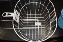 WHITE METAL BIKE BASKET WITH BRACKET AND HARDWARE ATTACHED