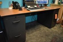 DESK WITH LOWER GRAY DRAWERS, UPPER WOODGRAIN TOP,