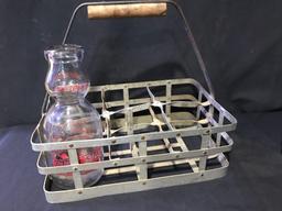 Antique milk bottle carrier with Golden State dairy (buttermilk) bottle