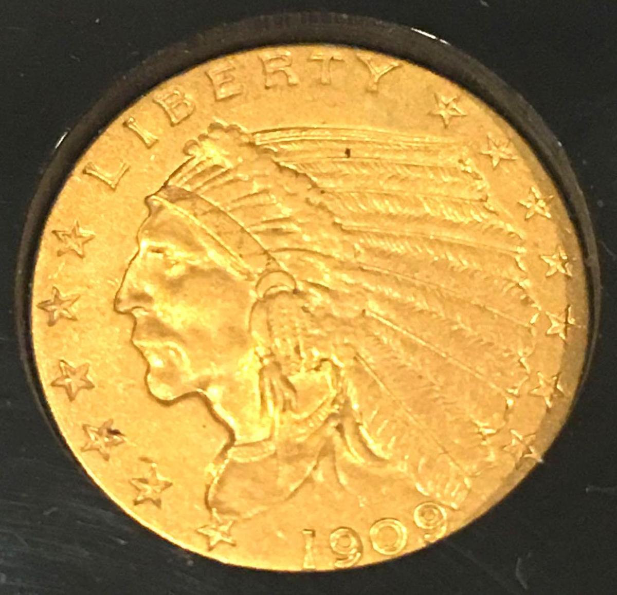 GOLD 1909 Indian Head $2.50 Gold Coin AU+