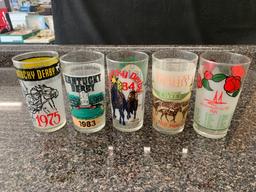 Kentucky Derby glasses 1975, 1983, 1984, 1985, and 1986