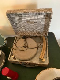 Antique serving platter record player, pottery and CUTCO knife with sharpener
