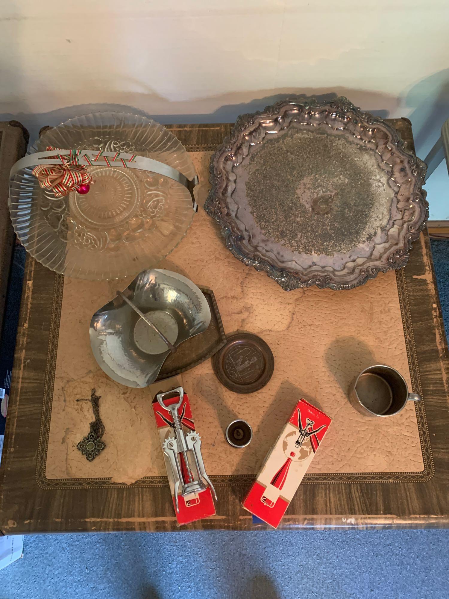 Antique serving Trays, bottle openers, jiggers, plus antique card table