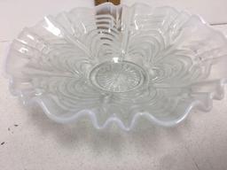Fenton Reverse Drapery Clear White Opalescent Glass Ruffled Bowl Crimped 8 3/8"