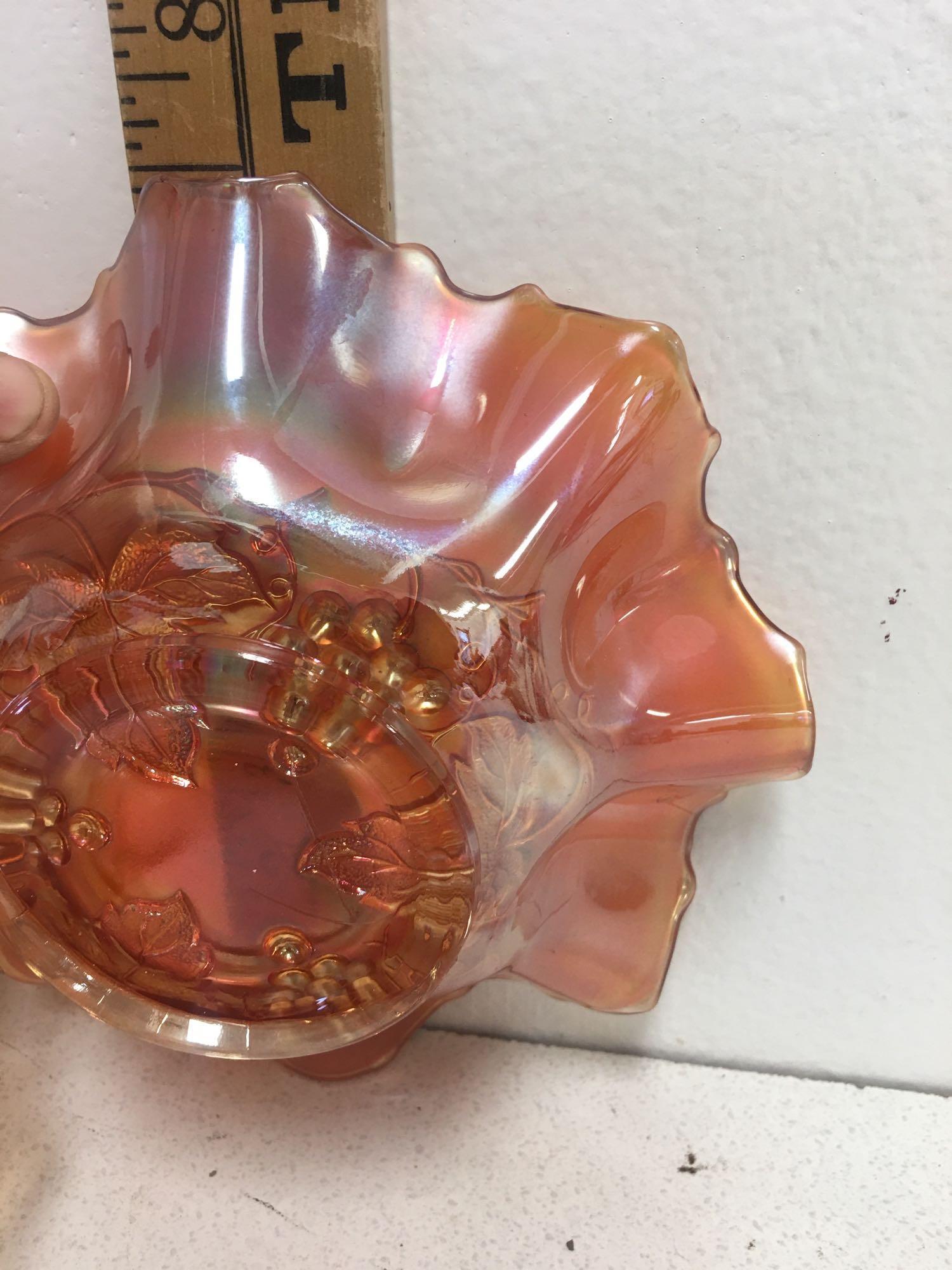 Vintage Orange Carnival Glass Bowl Grapes and Leaves