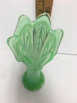 CARNIVAL GLASS GREEN OPALESCENT 11? SWUNG VASE