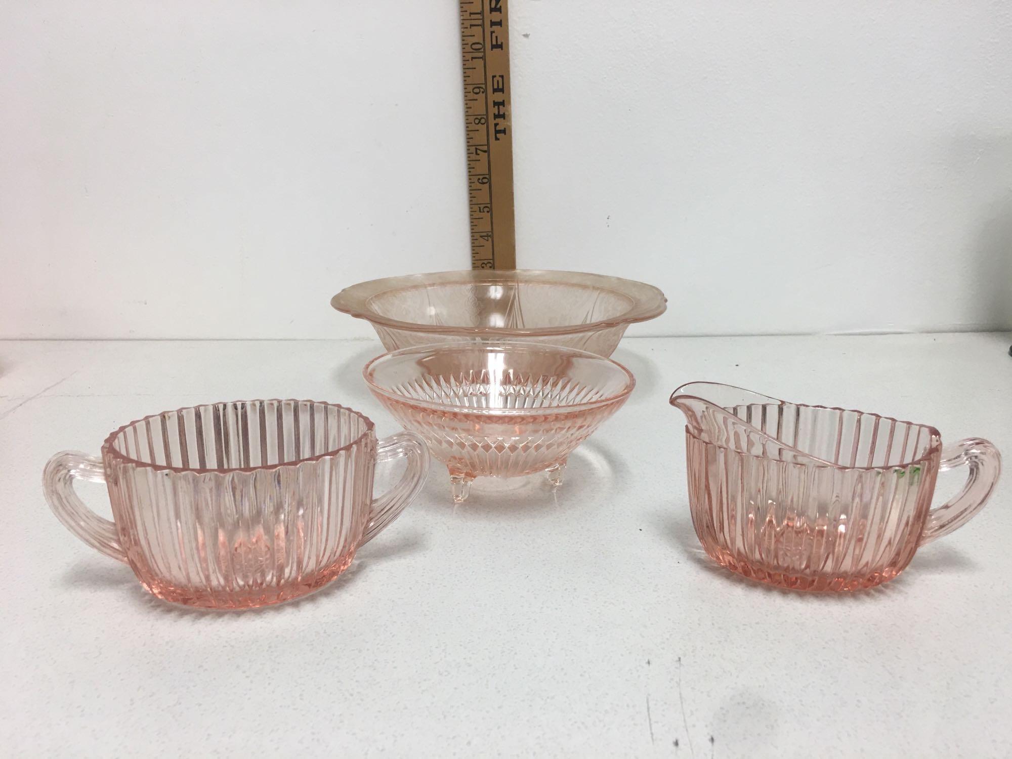 pink depression glass serving bowl and sugar & cream container