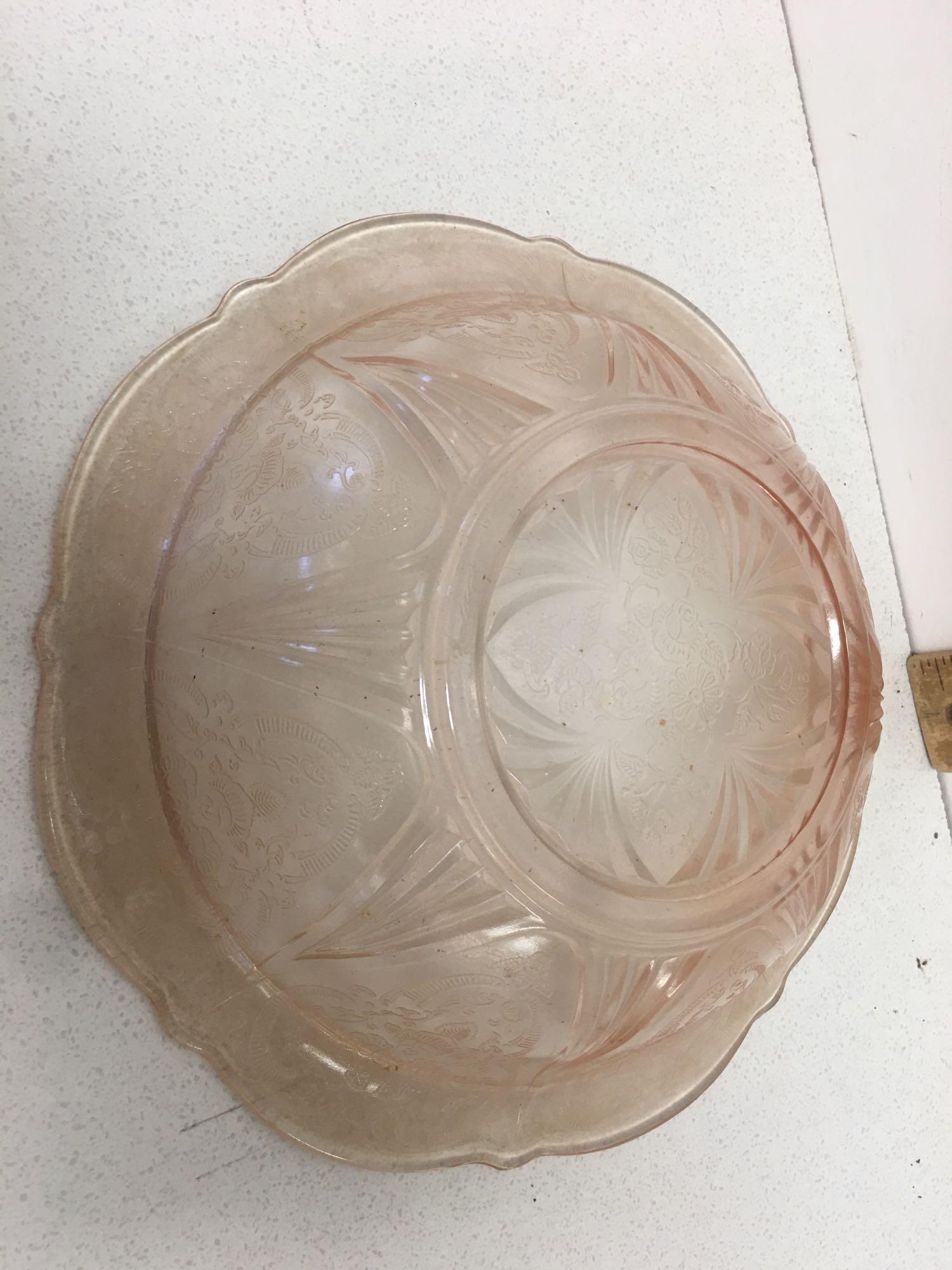 pink depression glass serving bowl and sugar & cream container