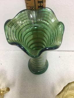 Vintage Imperial Green Carnival Glass Vase and cream &sugar container