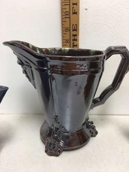 large brown pottery glazed pitcher and more