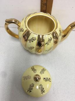 VINTAGE GIBSON'S STAFFORDSHIRE YELLOW & GOLD STRIPED TEA POT MADE IN ENGLAND and cookie jar
