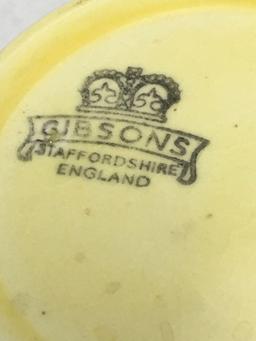 VINTAGE GIBSON'S STAFFORDSHIRE YELLOW & GOLD STRIPED TEA POT MADE IN ENGLAND and cookie jar