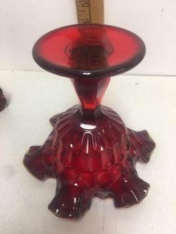 RARE Vintage Fenton Ruby Red Double Ruffled, Thumbprint Pattern Amber Edge Dish and base