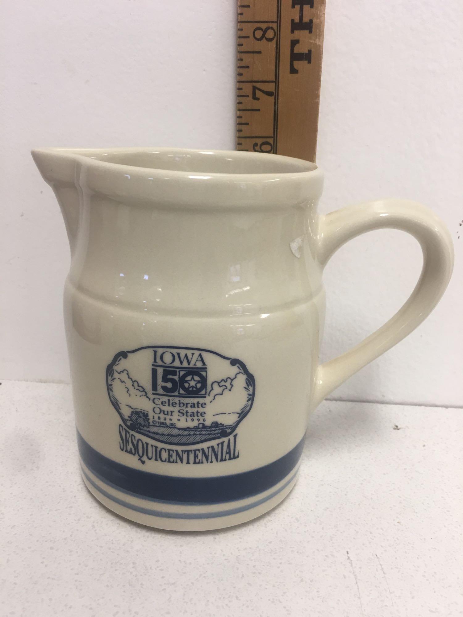 Maple City Pottery and Friendship Pottery 1 quart pitcher , ?Iowa 150 Celebrate our state 1993?