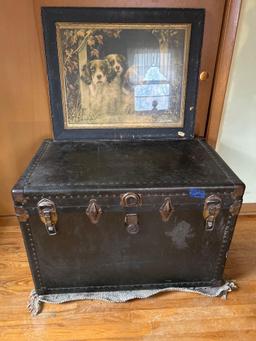 vintage SPRINGER SPANIEL ART IN frame and Vintage STEAMER HUGE Trunk - BINGHAM TRUNK CO.