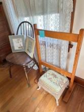 CLOTHING CADDY,CHAIR, WICKER TAPESTRY FOOT STOOL ORIGINAL FRAMED ART