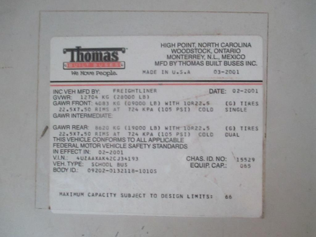 2002 Thomas Built School Bus Freightliner FS65.