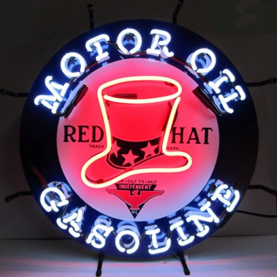 RED HAT OIL-GAS NEON SIGN w/ BACKING--24"w x 24"h x 4"d