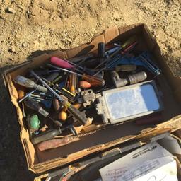 (3) Boxes of Misc Tools, Sand Paper, & Axe.