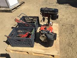 Pallet of Misc Pipe Wrenches, Clamps, Drill Press,