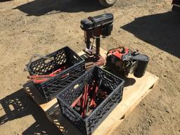 Pallet of Misc Pipe Wrenches, Clamps, Drill Press,