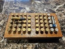 Variety of Different Ammo in Wood Block Container (Remington, Winchester, Etc…)