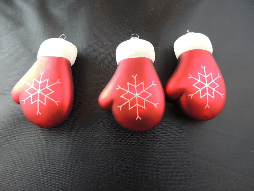 Three Hand Blown Christmas Mitten Ornaments