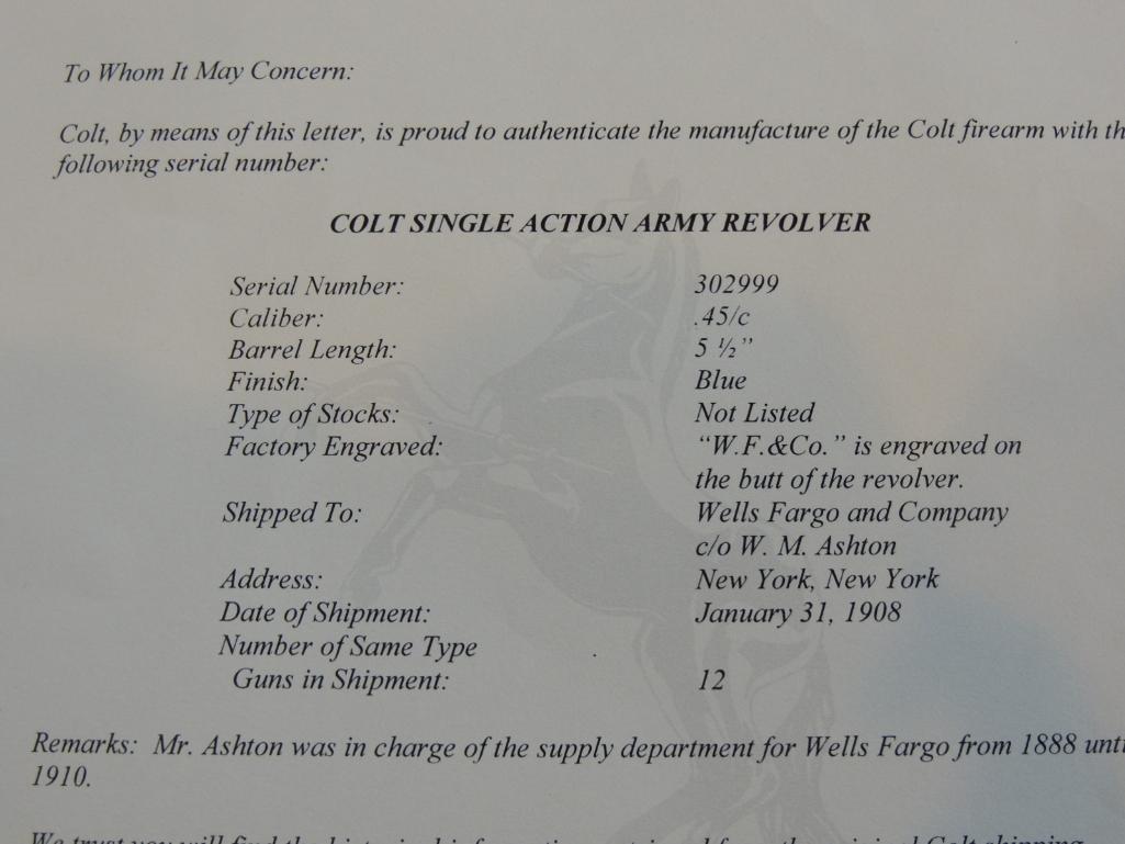 Documented Wells Fargo Colt Single Action Army First Gen 45 Colt