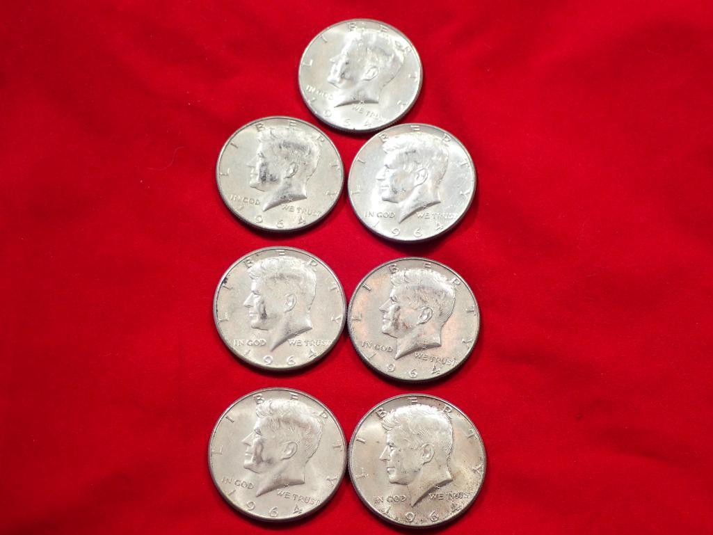 Seven 1964 Kennedy Half Dollars