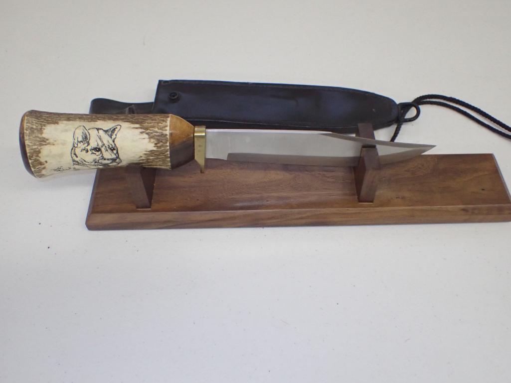 Signed Scrimshaw Elk Handle Hunting Knife