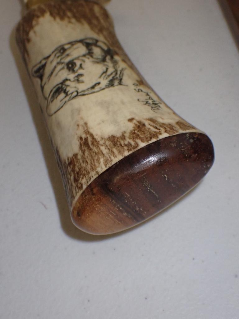 Signed Scrimshaw Elk Handle Hunting Knife