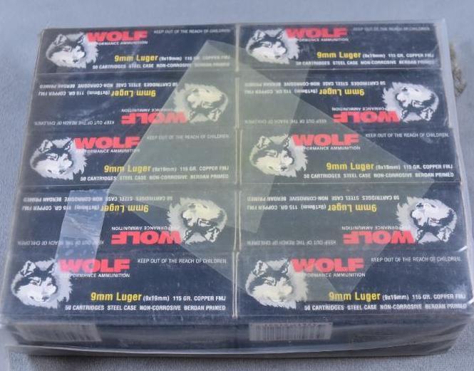 Brick Lot of 10 Boxes Wolf 9mm Luger