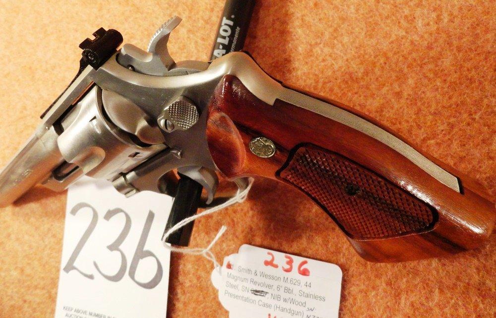S&W M.629, 44 Magnum Revolver, 6” Bbl., Stainless Steel, SN:N778350, NIB w/Wood Presentation Case (H
