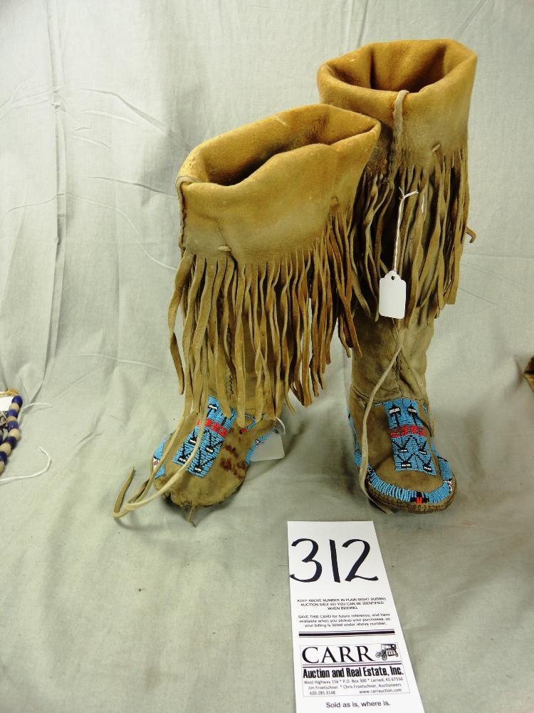 High Top Moccasins w/Blue Beadwork, Keyhole Pattern, 1900 (IA)