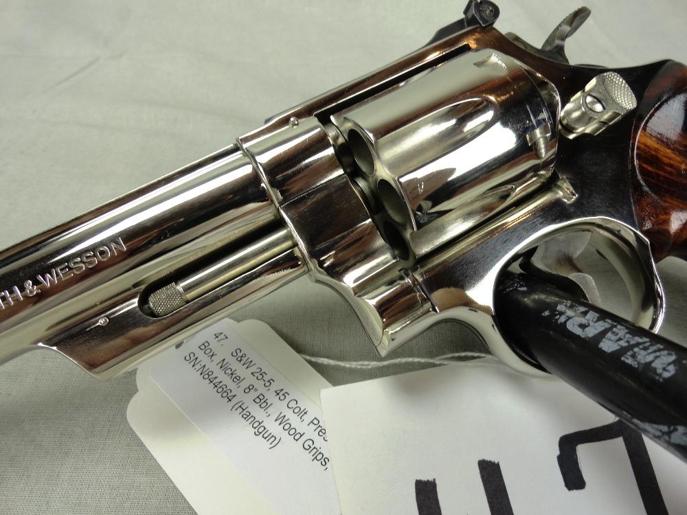 S&W 25-5, 45 Colt, Presentation Box, Nickel, 8” Bbl., Wood Grips, SN:N84466