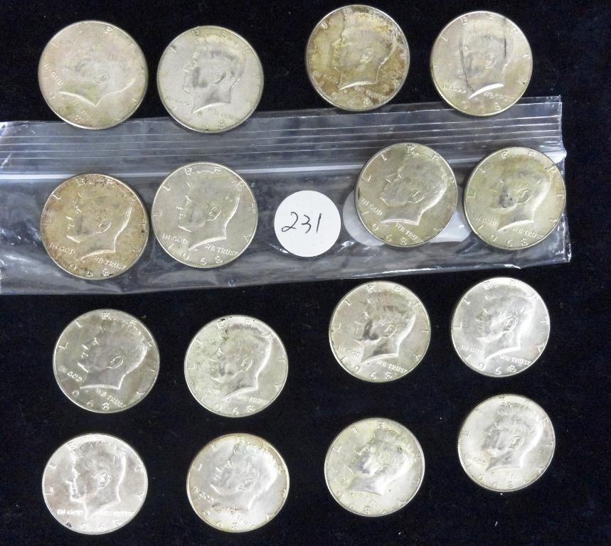 (16) 1968-D Clad Silver Kennedy Half-Dollars