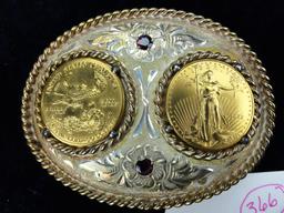 Sterling Silver (18 Ga.) 3” x 4” Belt Buckle, (2) 1-Oz. $50 Gold Coins (95)