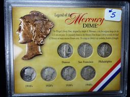 Silver Mercury Dime Set in Plastic 1910, 20, 30, 40