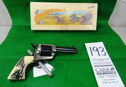 Cimarron Frontier, 4” Bbl., 45 Colt, Engraved Silver/Bone Revolver, SN:E066